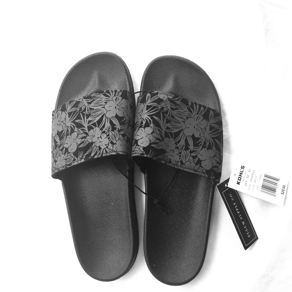 Black Flowered Pattern Slip On Slides